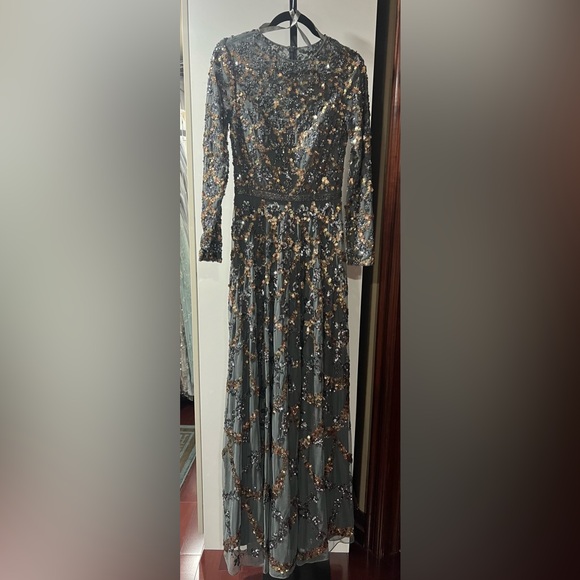 Lattice sequined illusion neckline long sleeve A-line gown - Picture 9 of 12